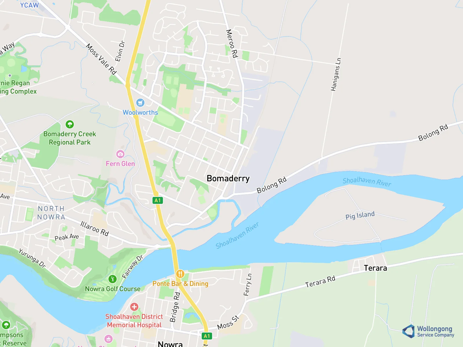 Service area map for Bomaderry