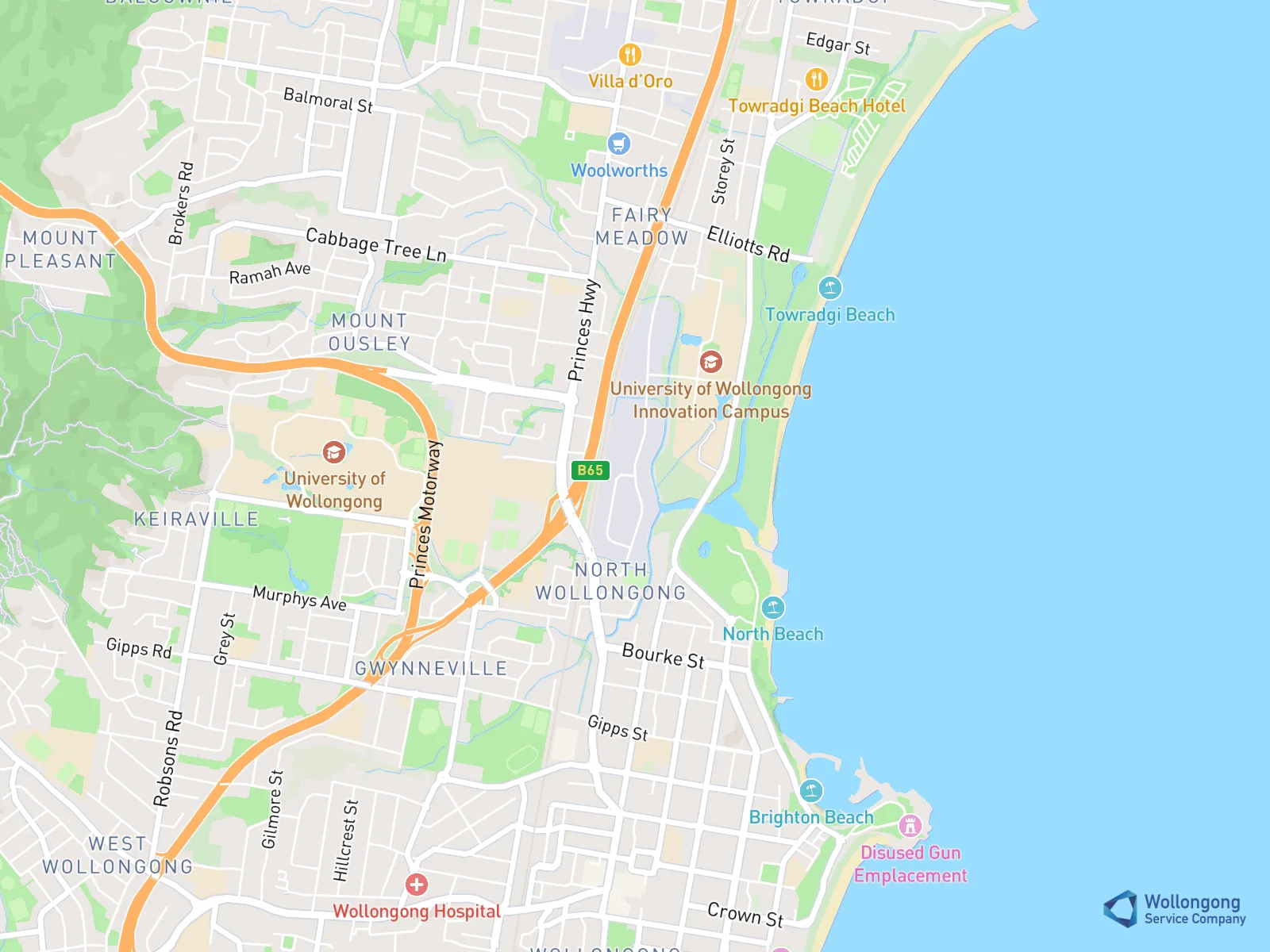 Service area map for North Wollongong